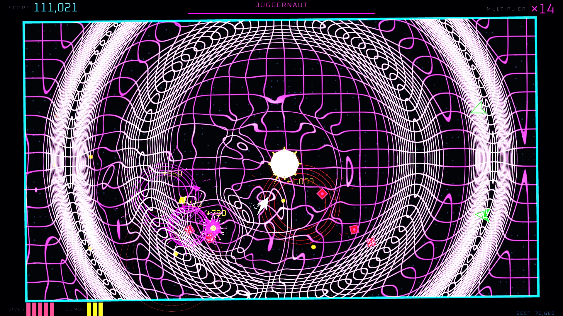 The Juggernaut mini-boss sends concentric shockwave rings warping outward across the magenta grid