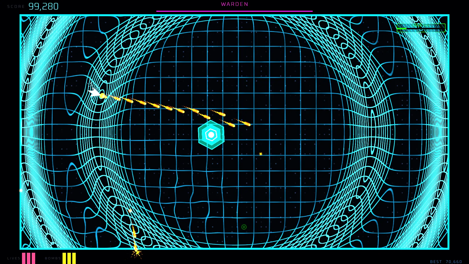 The Warden mini-boss, a shielded hexagon, sweeps a beam across a warped cyan arena