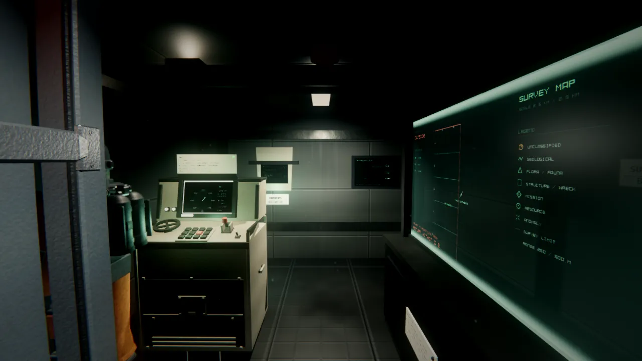 The submarine bridge at low light, a survey map display glowing green on the right-hand wall