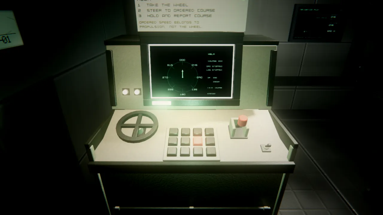 The helm console with a printed procedure card fixed to the bulkhead above it