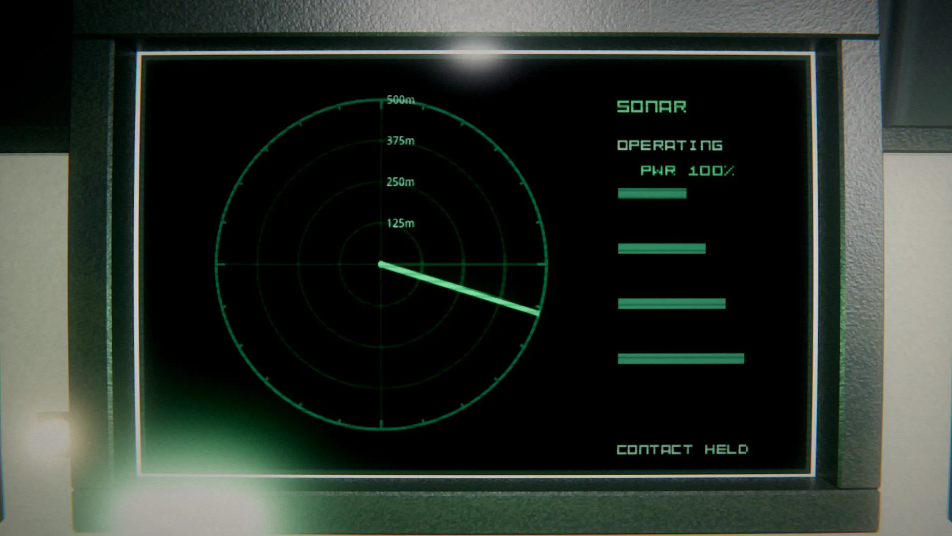 A sonar display showing a sweep line, bearing 228, range 444 metres and the words CONTACT HELD