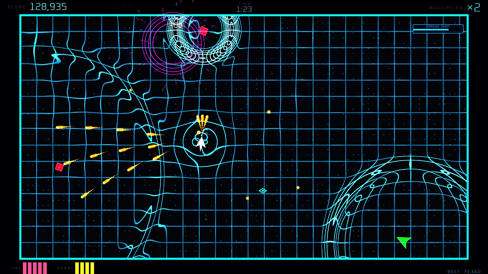 The player ship fans a spread of fire across the arena