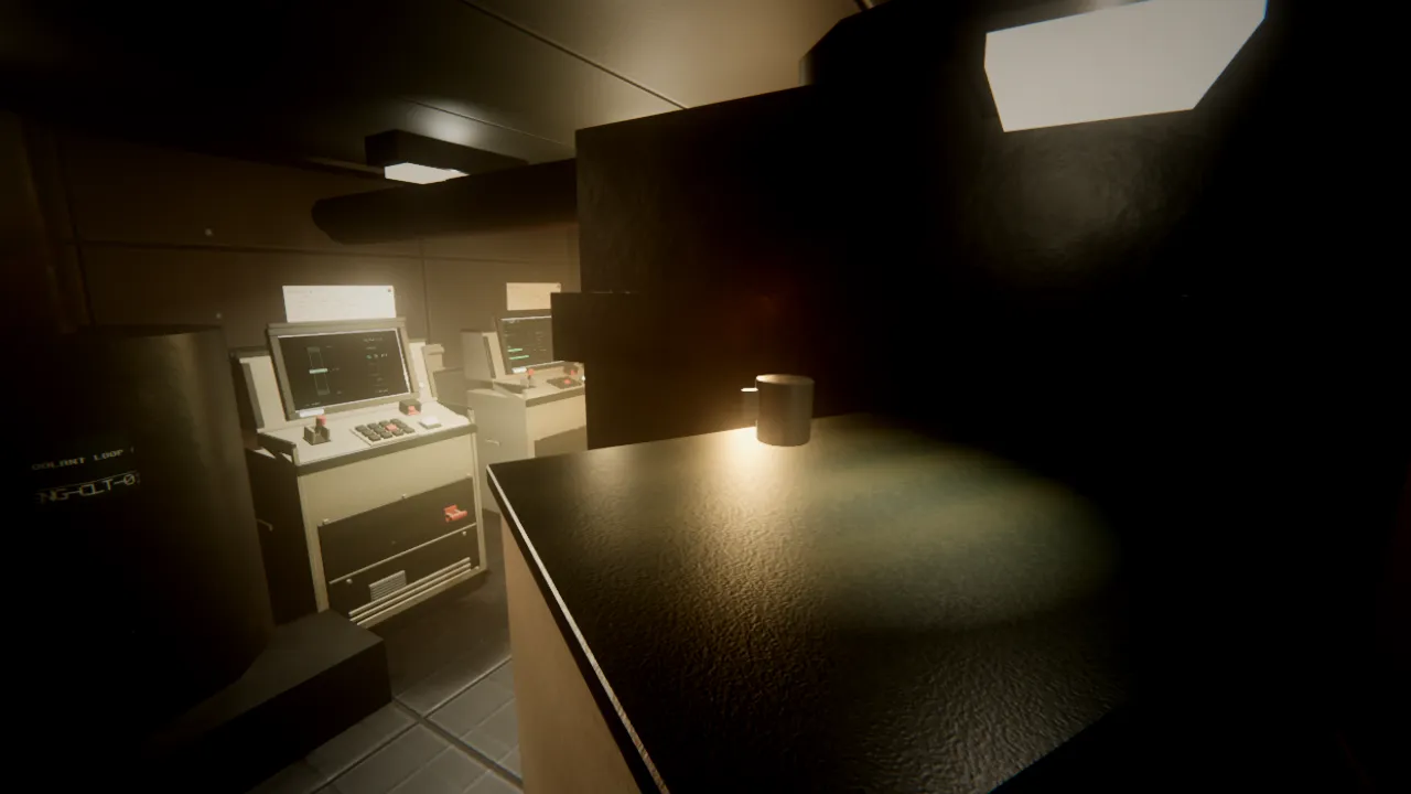 The engineering compartment with coolant loop consoles and a mug left on the counter