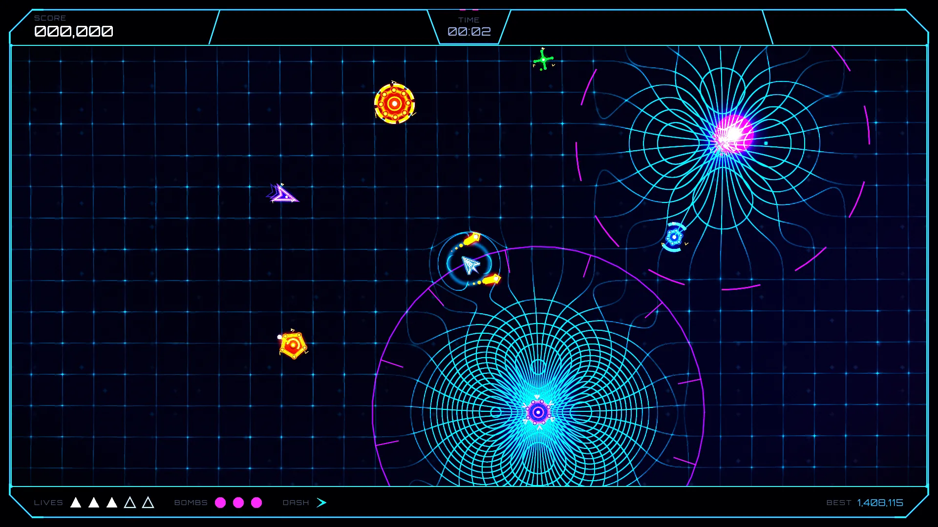 Two gravity anchors hold open funnels of warped cyan grid lines while a turret constructor, artillery and a repair drone close in around the player ship