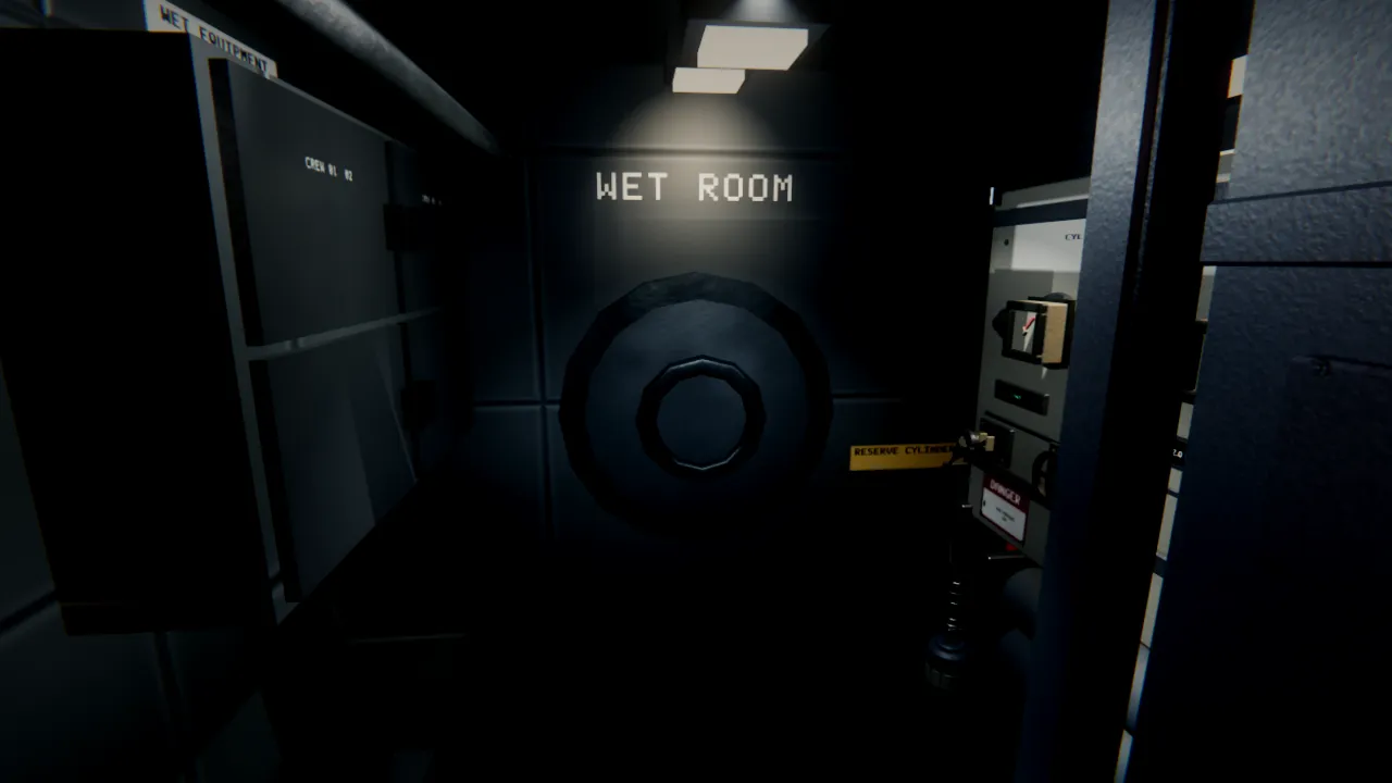 A dark compartment marked WET ROOM with a sealed circular hatch