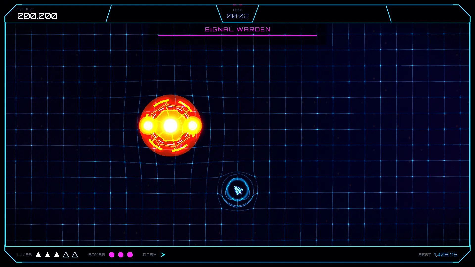The SIGNAL WARDEN boss, a heavy amber fortification core ringed by rotating barrier segments, buckling the grid around itself as the player ship holds position below